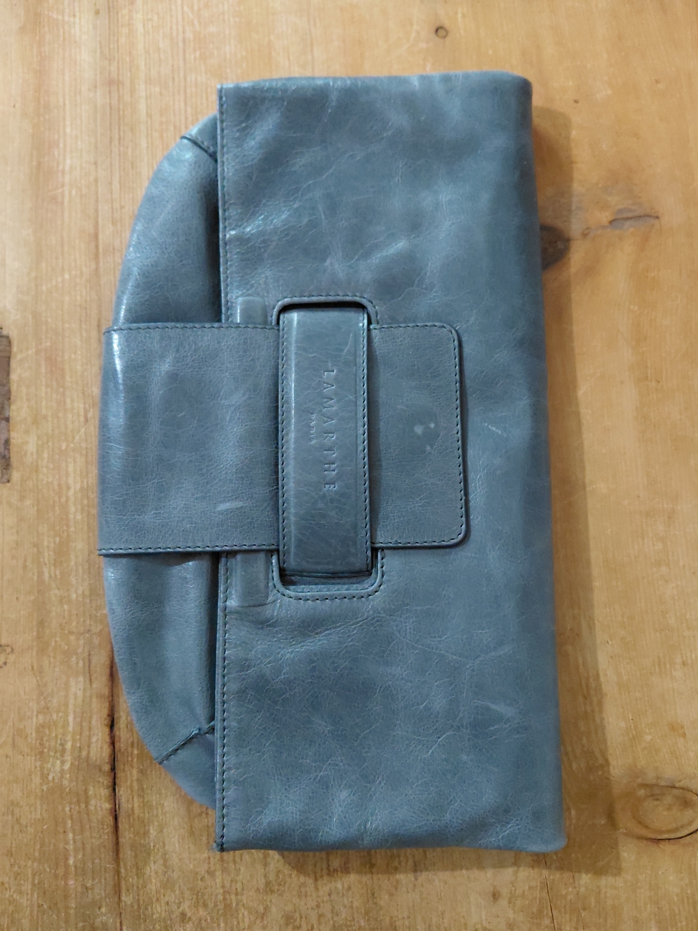 Lamarthe Paris Blue Grey Genuine Leather French Luxury Fold-Over Clutch